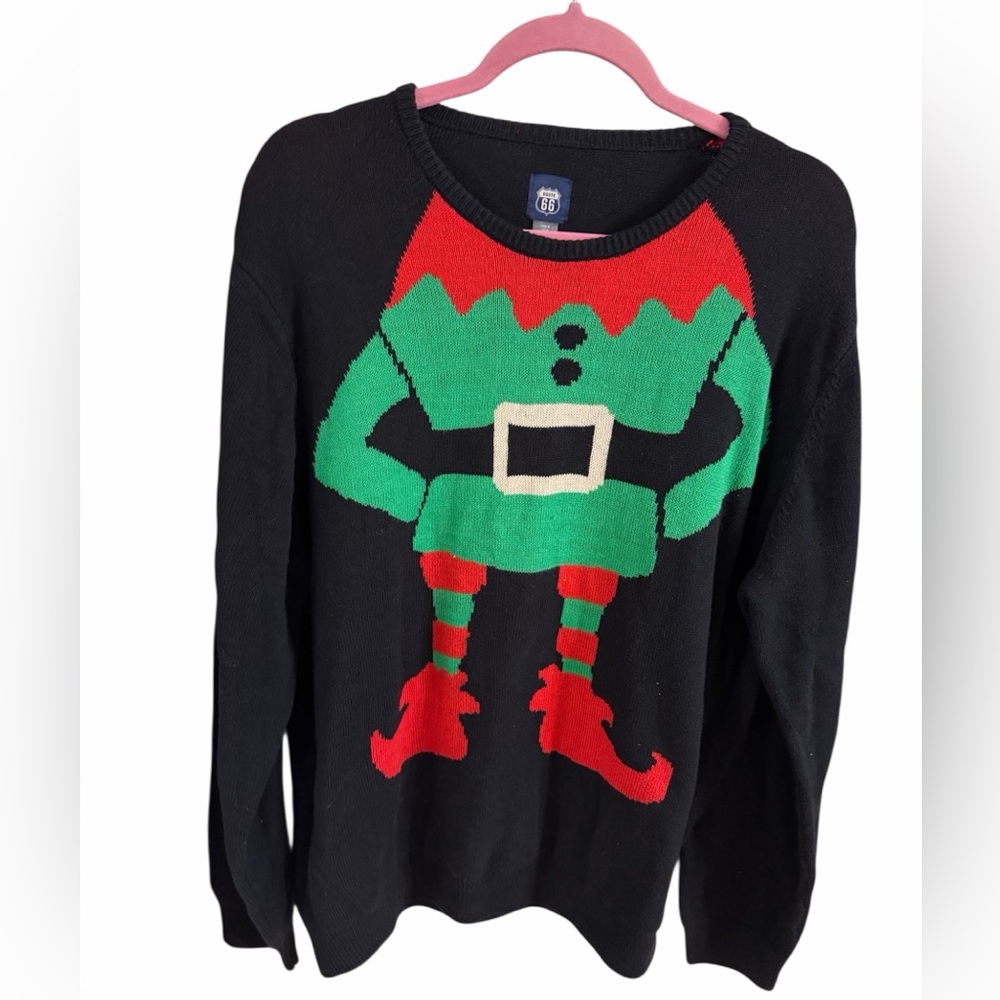 Route 66 Festive Elf Design Black Sweater. Size  XXL. Unisex  ugly sweater.